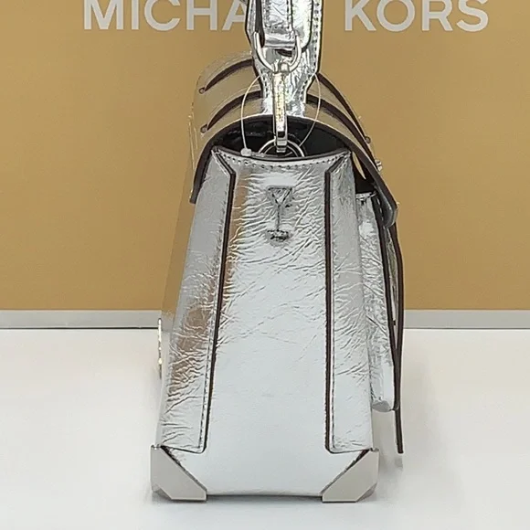 MICHAEL KORS MANHATTAN MEDIUM TOP HANDLE SCHOOL SATCHEL CROSSBODY BAG SILVER - Picture 9 of 16